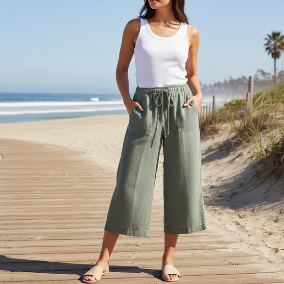 Joie Pants - Joie Sage Green Linen Blend Wide Leg Crop Drastring Pants Medium Beach Casual